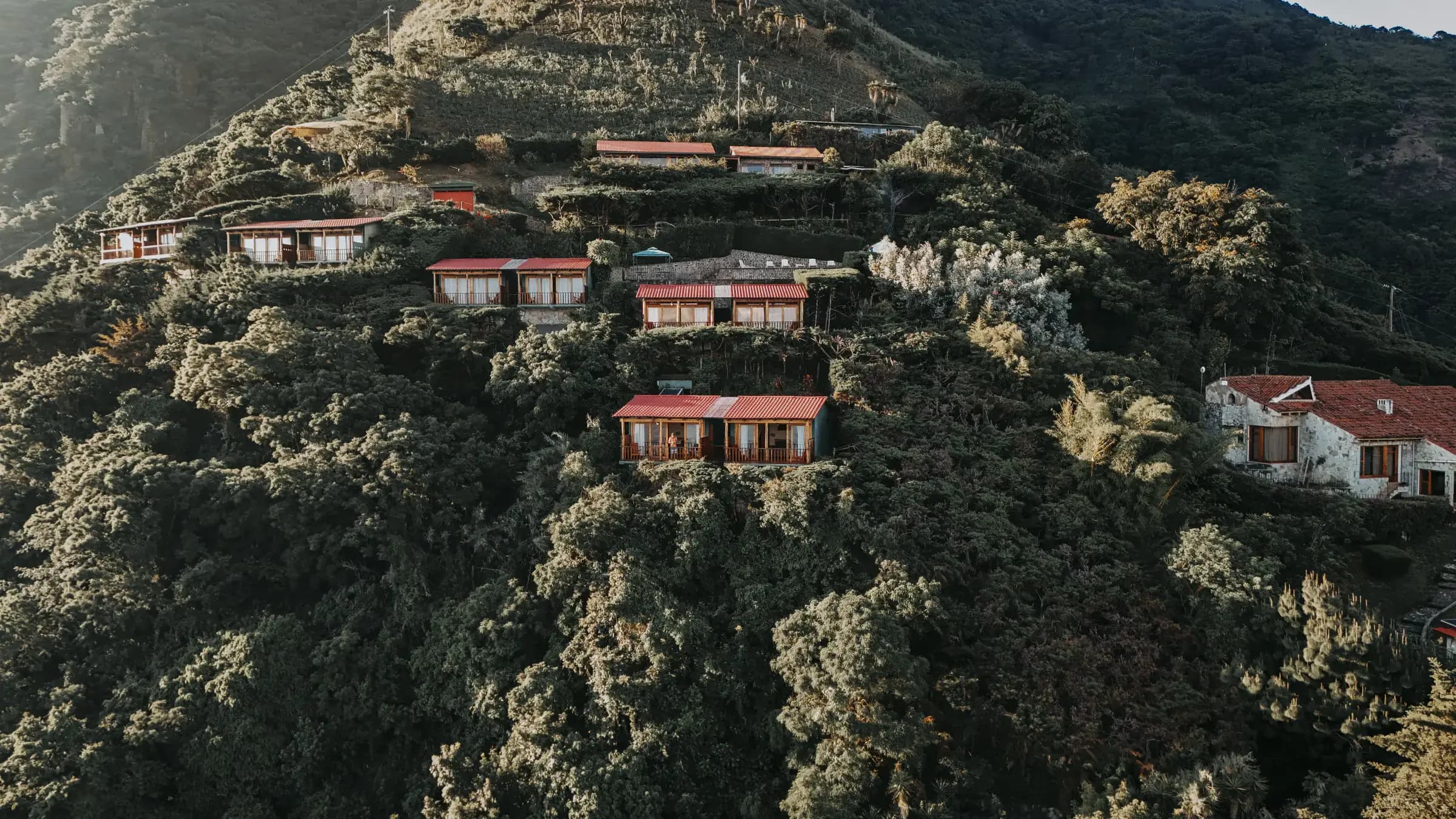 Aerial drone view of Loma de Atitlán overlooking Lake Atitlán