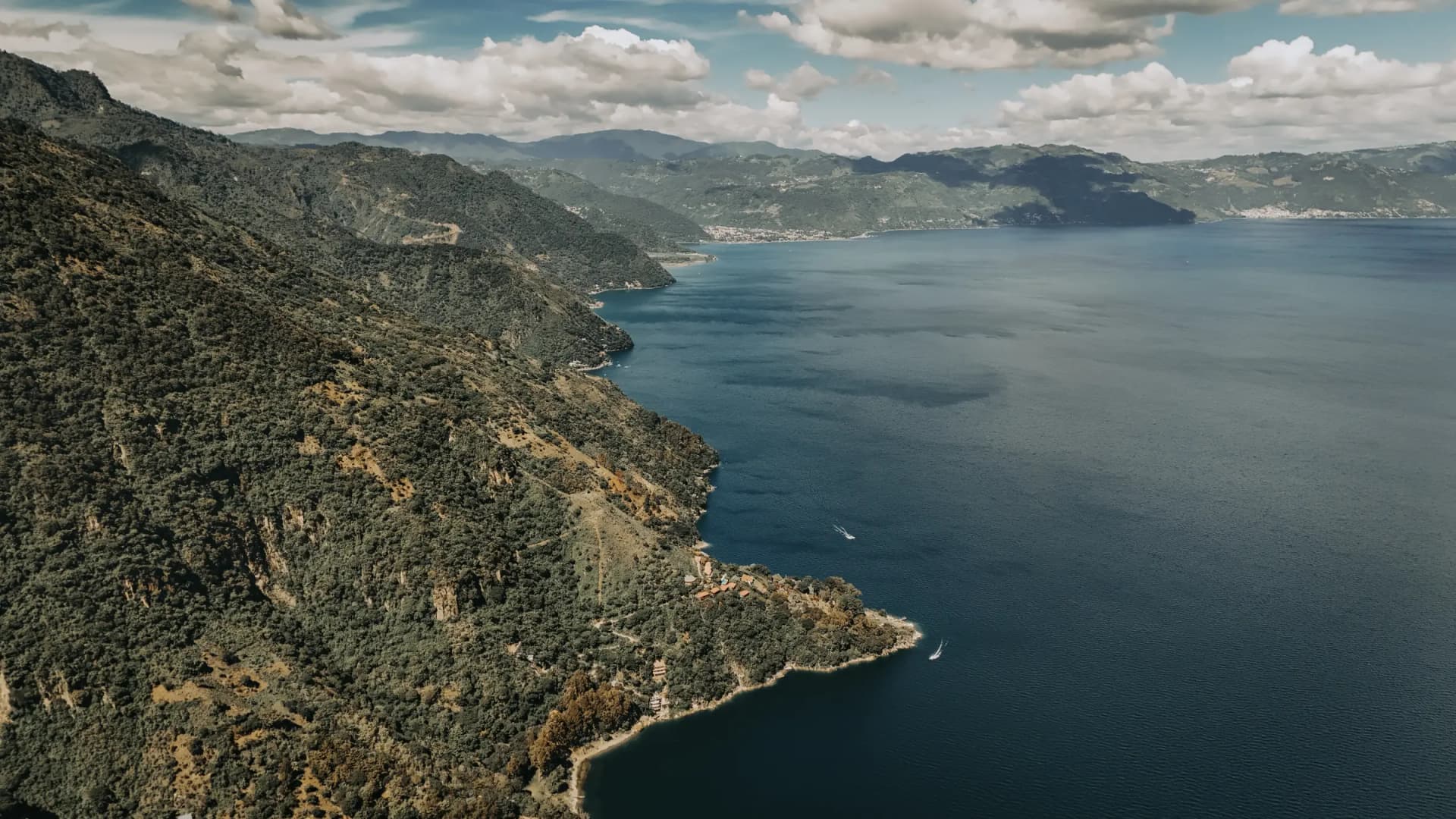 High-elevation drone shot of the property and lake coastline