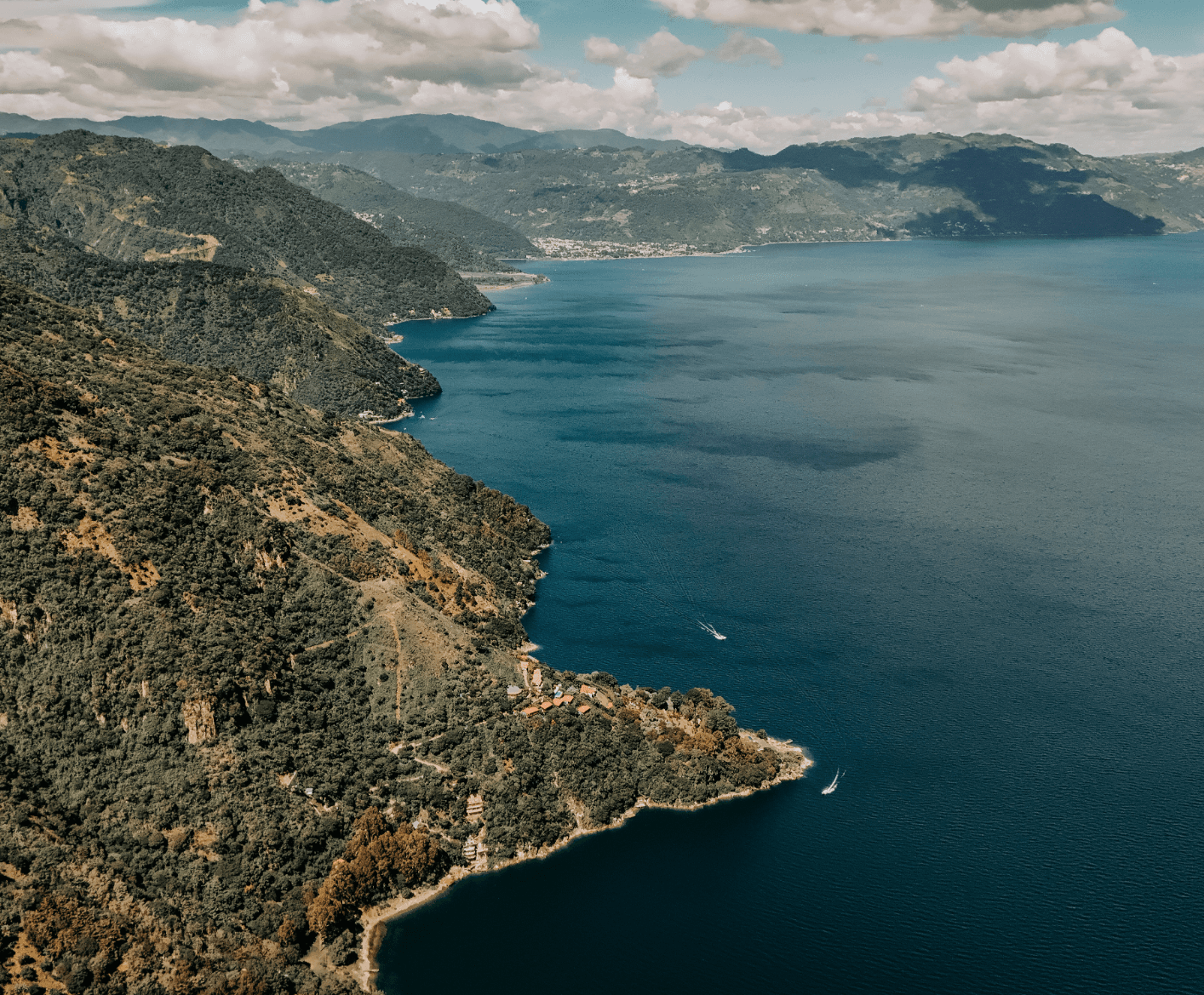Aerial view of Lake Atitlan caldera coastline showing the scale of the ancient supervolcano