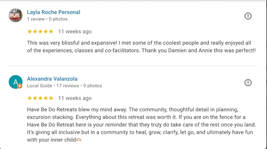 5-star Google reviews from Layla Roche and Alexandra Valanzola about Have Be Do Retreats