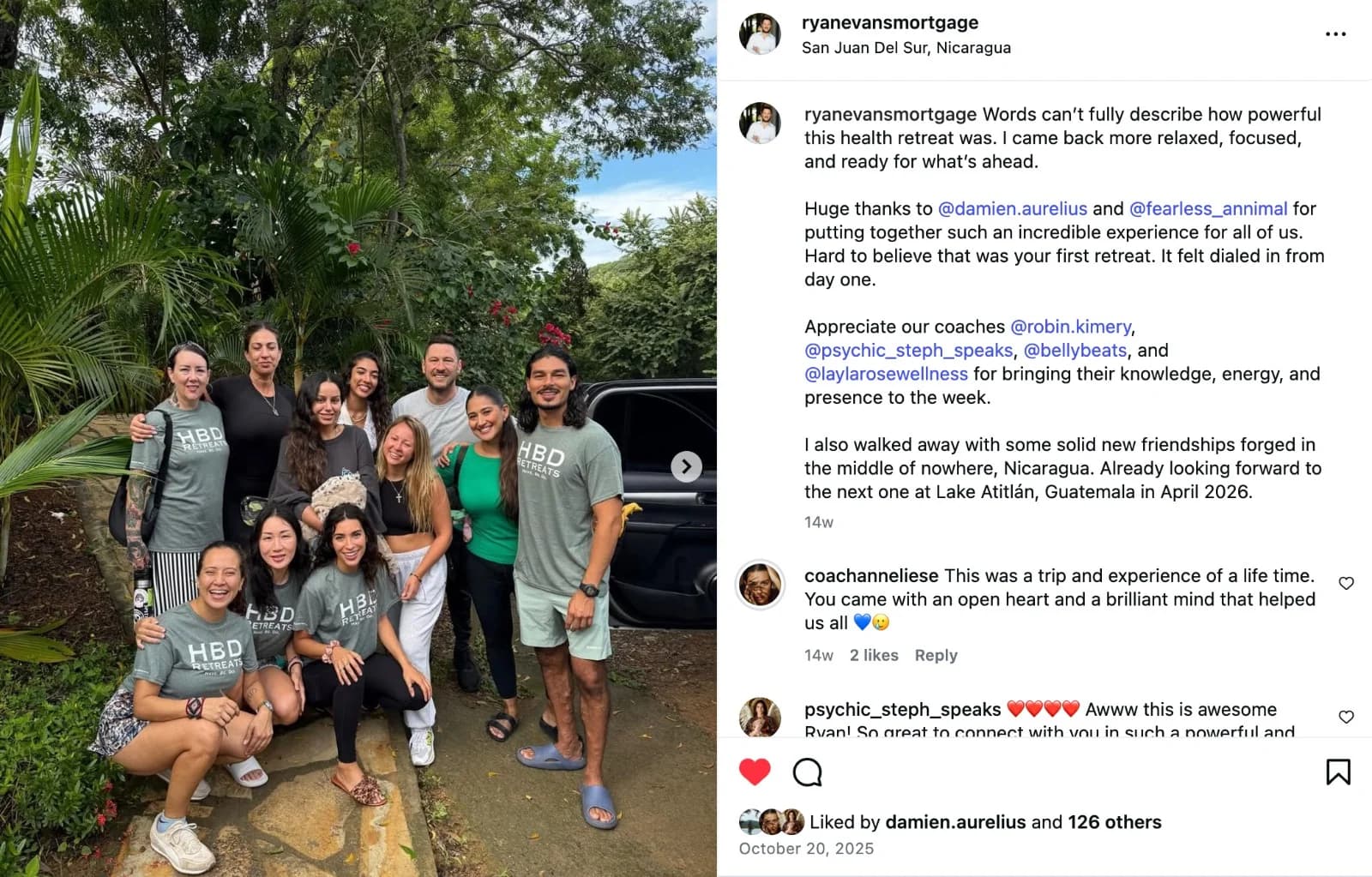 Instagram testimonial from @ryanevansmortgage about the HBD retreat experience