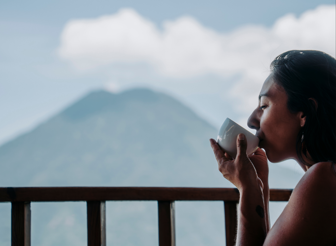 Morning coffee on a balcony overlooking Lake Atitlan volcano. Day 3 of post-Acatenango recovery at Loma de Atitlan.